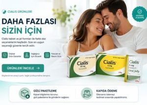 Cialis tablet ve jel ürünleri karşılaştırması, çift görseli ve güvenli alışveriş seçenekleri ile modern kategori bannerı